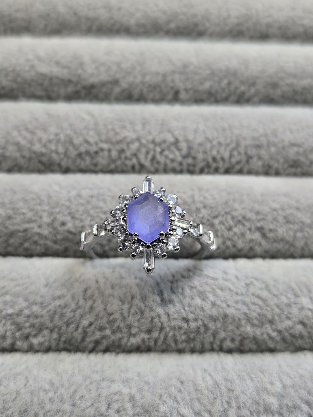Size 8 Purple Quartz Rhodium Plated Bomb Party Ring